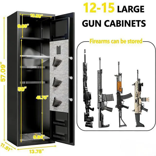 Alt view image 2 of 6 - No Assembly Required Gun Safe for Rifles and Pistols Fingerprint,14" W x 58" H Adjustable Gun Cabinet for Home,14-15 Gun Safes for Rifle and Password Lock,Black