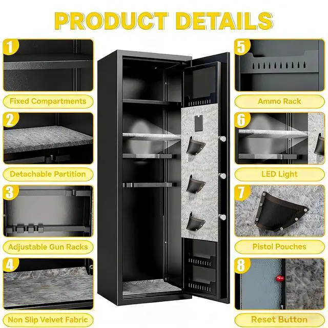 Alt view image 4 of 6 - No Assembly Required Gun Safe for Rifles and Pistols Fingerprint,14" W x 58" H Adjustable Gun Cabinet for Home,14-15 Gun Safes for Rifle and Password Lock,Black