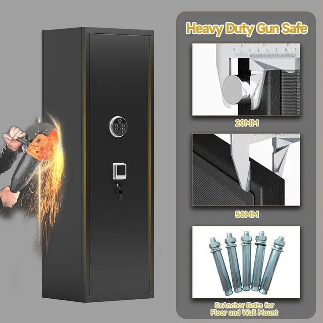 Alt view image 6 of 6 - No Assembly Required Gun Safe for Rifles and Pistols Fingerprint,14" W x 58" H Adjustable Gun Cabinet for Home,14-15 Gun Safes for Rifle and Password Lock,Black