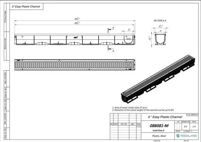 Alt view image 6 of 6 - Vodaland - 3 Inch Easy 1 Premium Trench Drain Channel - Galvanized Stamped Steel Grating (5)