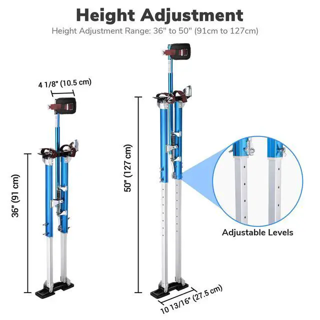 Alt view image 5 of 6 - Drywall Stilts 36" - 50" Adjustable Aluminum Drywall Tools with Extra Pair of Upgraded Stilt Strap System Padded Knee Straps & Foot Bands for Complete Secure Fit & All-day Comfort
