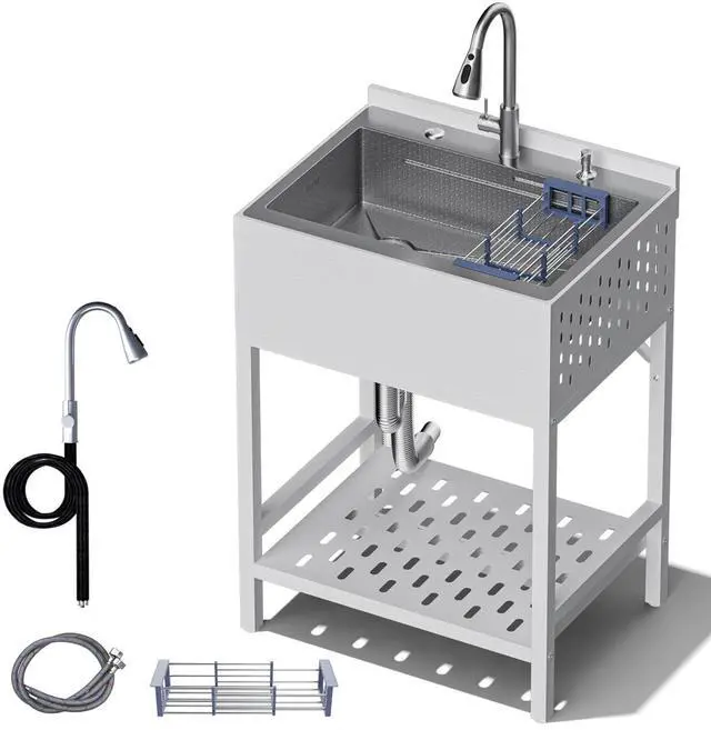 Main image of 26 Stainless Steel Utility Sinks, Freestanding Rectangular Laundry Room Sinks, Upgrades Hoses and Drain Kit, White Commercial Sink for Garage, Outdoor