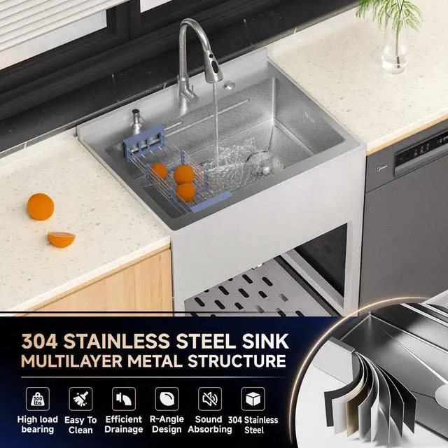 Alt view image 4 of 6 - 26 Stainless Steel Utility Sinks, Freestanding Rectangular Laundry Room Sinks, Upgrades Hoses and Drain Kit, White Commercial Sink for Garage, Outdoor