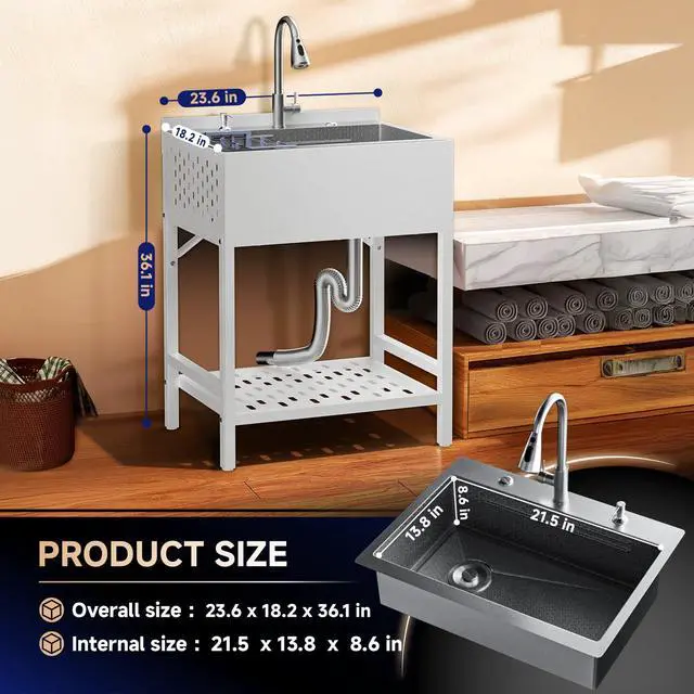 Alt view image 6 of 6 - 26 Stainless Steel Utility Sinks, Freestanding Rectangular Laundry Room Sinks, Upgrades Hoses and Drain Kit, White Commercial Sink for Garage, Outdoor