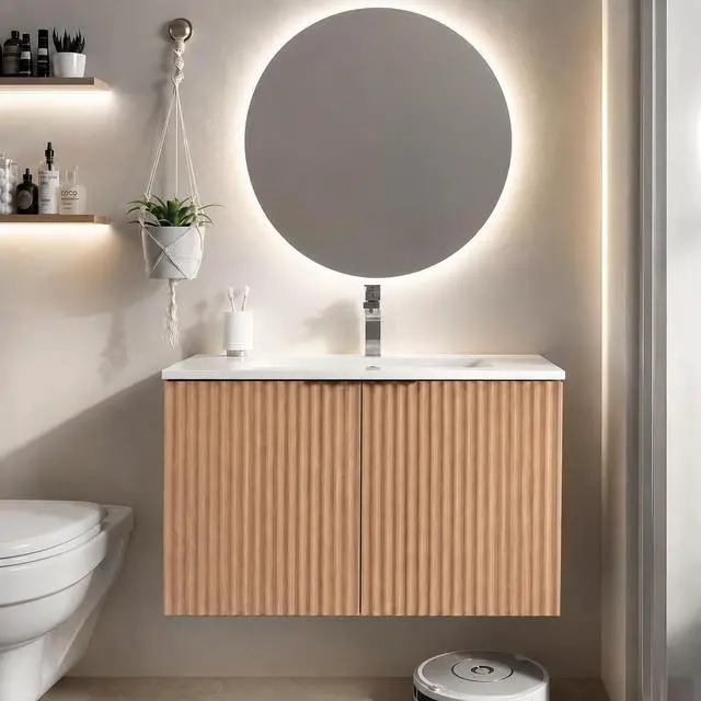 Main image of 36 Inch Fluted Floating Bathroom Vanity with Single Ceramic Sink, Bathroom Sink Cabinet with 2 Soft-Close Doors, Water-Resistant Storage for Small Bathrooms, Natural Wood