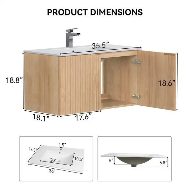 Alt view image 2 of 6 - 36 Inch Fluted Floating Bathroom Vanity with Single Ceramic Sink, Bathroom Sink Cabinet with 2 Soft-Close Doors, Water-Resistant Storage for Small Bathrooms, Natural Wood