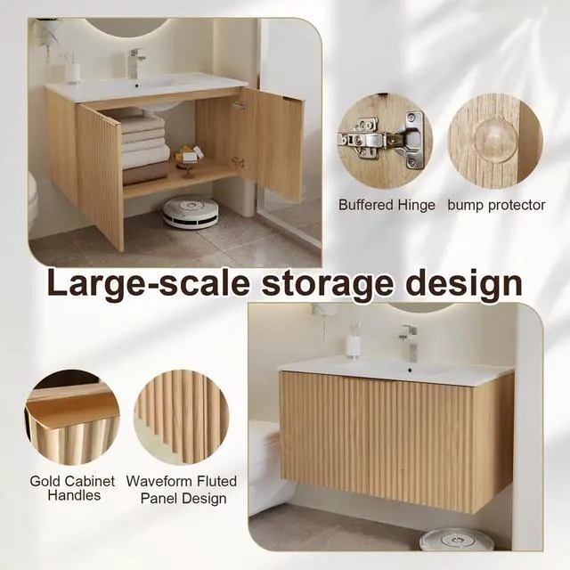 Alt view image 3 of 6 - 36 Inch Fluted Floating Bathroom Vanity with Single Ceramic Sink, Bathroom Sink Cabinet with 2 Soft-Close Doors, Water-Resistant Storage for Small Bathrooms, Natural Wood