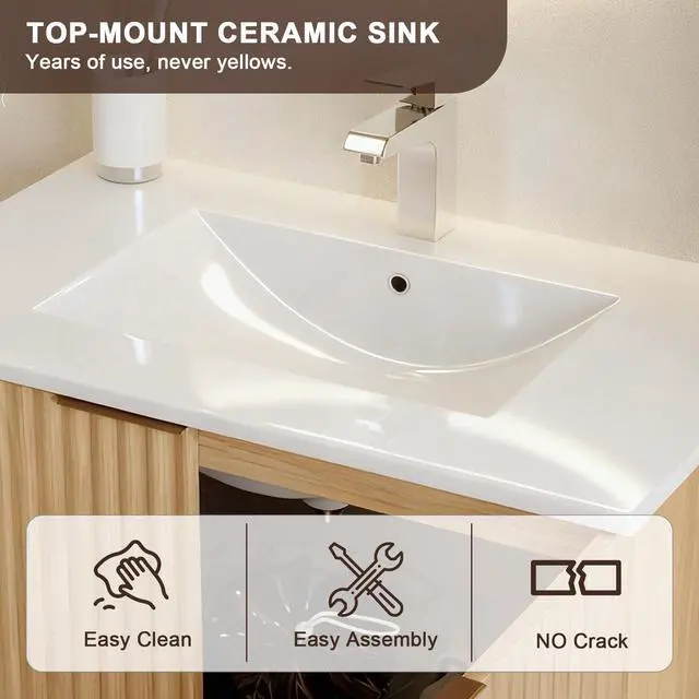 Alt view image 4 of 6 - 36 Inch Fluted Floating Bathroom Vanity with Single Ceramic Sink, Bathroom Sink Cabinet with 2 Soft-Close Doors, Water-Resistant Storage for Small Bathrooms, Natural Wood