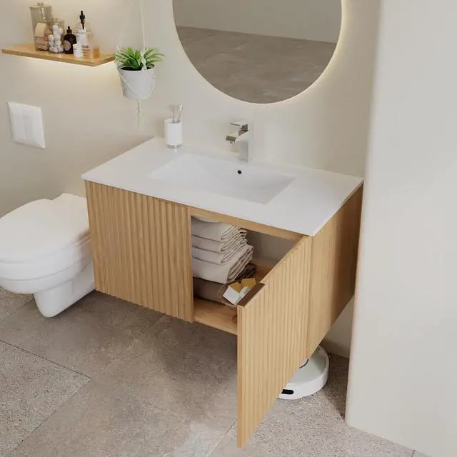 Alt view image 5 of 6 - 36 Inch Fluted Floating Bathroom Vanity with Single Ceramic Sink, Bathroom Sink Cabinet with 2 Soft-Close Doors, Water-Resistant Storage for Small Bathrooms, Natural Wood