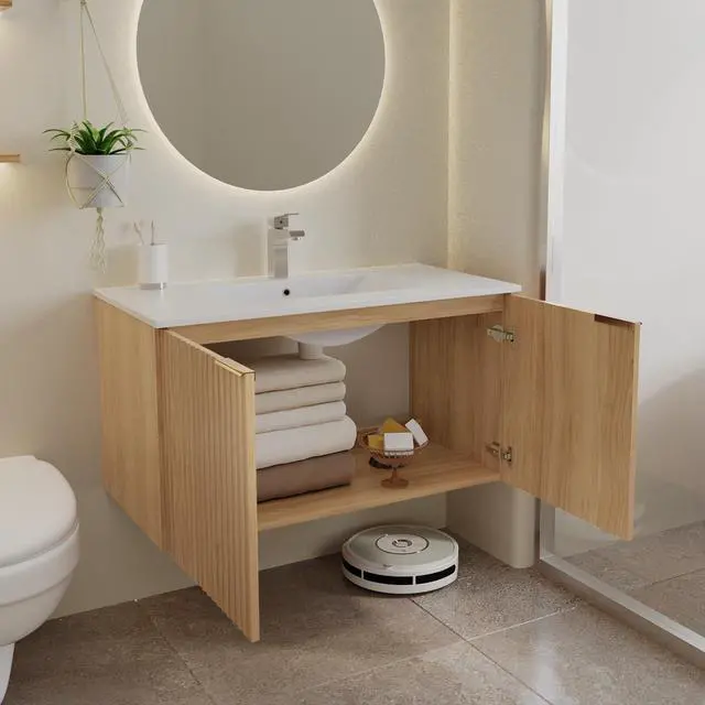 Alt view image 6 of 6 - 36 Inch Fluted Floating Bathroom Vanity with Single Ceramic Sink, Bathroom Sink Cabinet with 2 Soft-Close Doors, Water-Resistant Storage for Small Bathrooms, Natural Wood