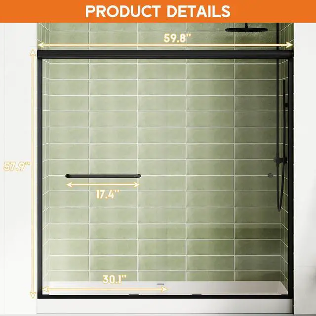 Alt view image 2 of 6 - 56-60" W x 58" H Semi-Frameless Walk-in Shower Door, 4" Adjustable Design, 1/4inch Thick Tempered Glass, Matte Black Aluminum Alloy Frame, Modern Bathroom Shower Sliding Door
