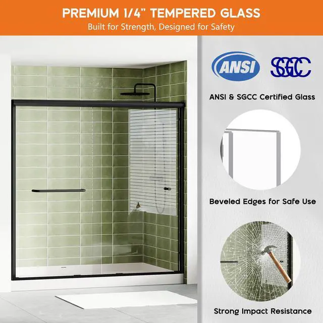 Alt view image 3 of 6 - 56-60" W x 58" H Semi-Frameless Walk-in Shower Door, 4" Adjustable Design, 1/4inch Thick Tempered Glass, Matte Black Aluminum Alloy Frame, Modern Bathroom Shower Sliding Door