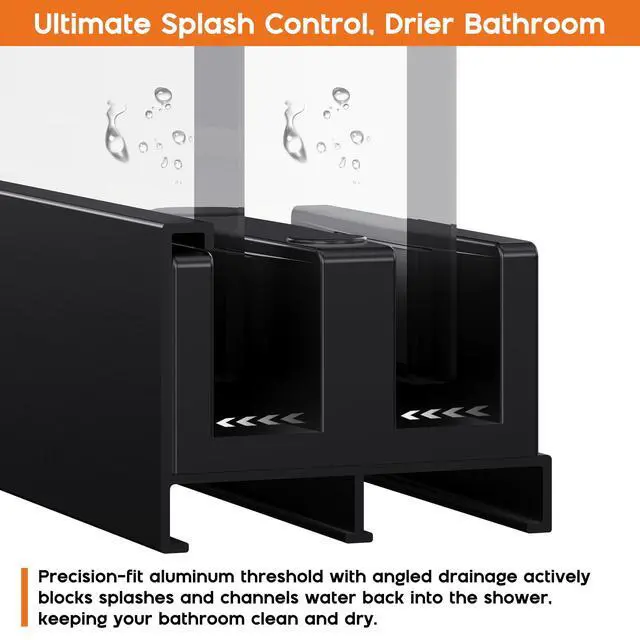 Alt view image 4 of 6 - 56-60" W x 58" H Semi-Frameless Walk-in Shower Door, 4" Adjustable Design, 1/4inch Thick Tempered Glass, Matte Black Aluminum Alloy Frame, Modern Bathroom Shower Sliding Door