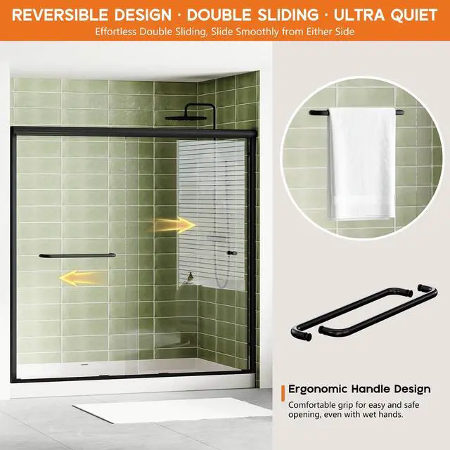 Alt view image 5 of 6 - 56-60" W x 58" H Semi-Frameless Walk-in Shower Door, 4" Adjustable Design, 1/4inch Thick Tempered Glass, Matte Black Aluminum Alloy Frame, Modern Bathroom Shower Sliding Door
