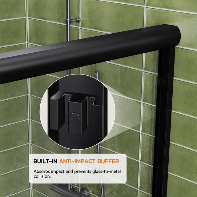 Alt view image 6 of 6 - 56-60" W x 58" H Semi-Frameless Walk-in Shower Door, 4" Adjustable Design, 1/4inch Thick Tempered Glass, Matte Black Aluminum Alloy Frame, Modern Bathroom Shower Sliding Door