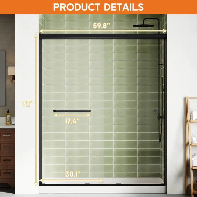 Alt view image 2 of 6 - 56-60" W x 72" H Semi-Frameless Walk-in Shower Door, 4" Adjustable Design, 1/4inch Thick Tempered Glass, Matte Black Aluminum Alloy Frame, Modern Bathroom Shower Sliding Door