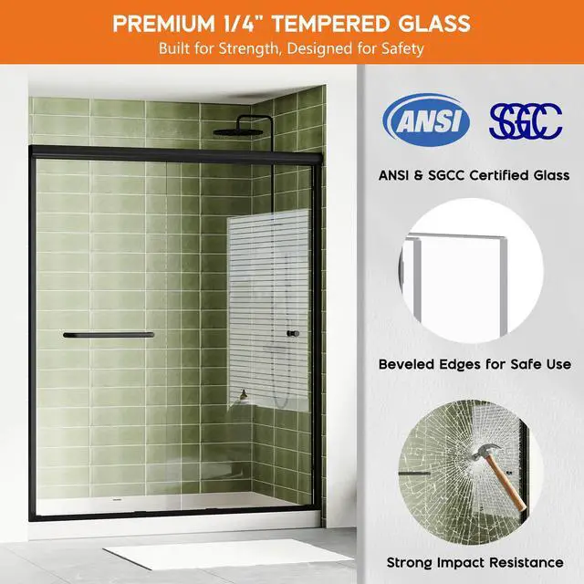 Alt view image 3 of 6 - 56-60" W x 72" H Semi-Frameless Walk-in Shower Door, 4" Adjustable Design, 1/4inch Thick Tempered Glass, Matte Black Aluminum Alloy Frame, Modern Bathroom Shower Sliding Door