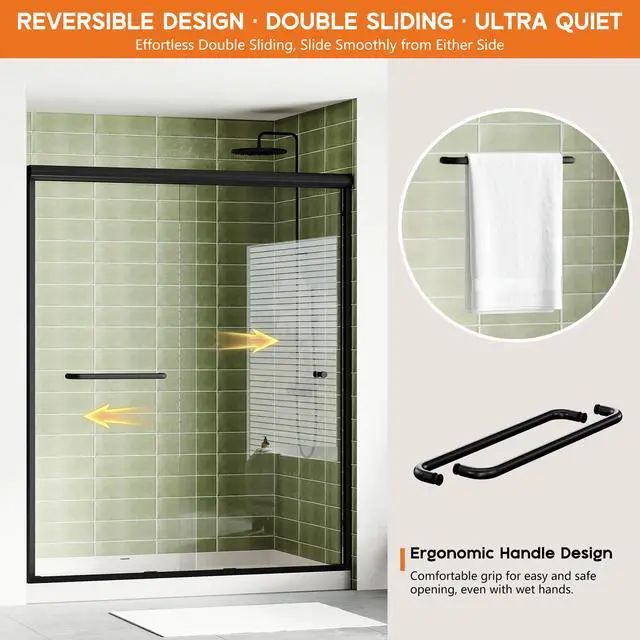 Alt view image 5 of 6 - 56-60" W x 72" H Semi-Frameless Walk-in Shower Door, 4" Adjustable Design, 1/4inch Thick Tempered Glass, Matte Black Aluminum Alloy Frame, Modern Bathroom Shower Sliding Door