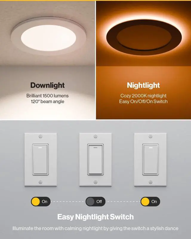 Alt view image 2 of 6 - Sunco 24 Pack 6 Inch LED Recessed Light with Night Light, Canless Recessed Lighting, 1500 LM, 15W (150W Equivalent), Selectable CCT 2700K/3000K/4000K/5000K/6000K, Dimmable, with Junction Box