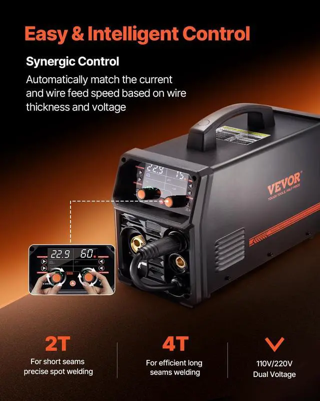 Alt view image 4 of 6 - MIG Welder, 200A Synergic Mig Welding Machine, 4-in-1 Gas MIG/Flux Core MIG/Stick/Lift TIG Multi-Process Welder Machine, 110V/220V Dual Voltage Mig Welder with IGBT Inverter & LCD Screen Display