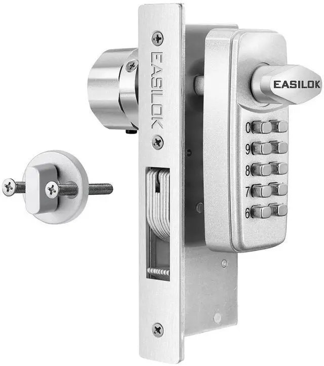 Main image of EASILOK Keyless Mechanical Storefront Lock, DIY No-Drill Commercial Mortise Replacement, Fits 31/32" Backset, Silver, Hook Bolt