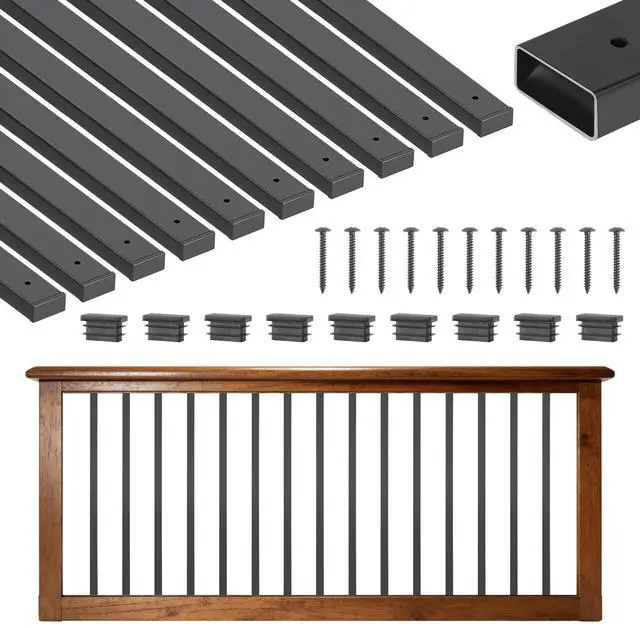 Main image of 61 Pack Deck Balusters, 32.28 in Galvanized Steel Railing Spindles, Hollow Rectangle Metal Decking Stair Balusters with Pre-Drilled Hole, End Caps, Screws, for Deck, Porch & Stair Railing, Black