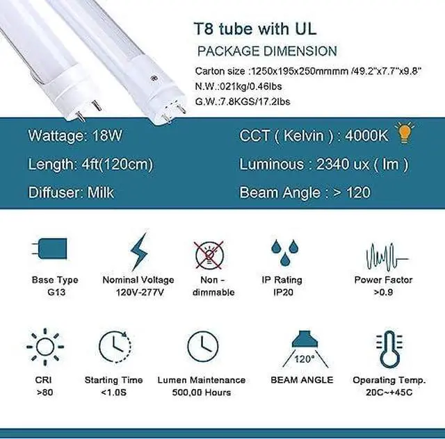Alt view image 4 of 6 - 4FT LED T8 Ballast Bypass Type B Light Tube, 18W, Single-Ended & Dual-Ended Connection, 2340LM, G13 Base,T8 T10 T12 Fluorescent Bulbs Replacement, UL & DLC - 4000K (60Pcs)