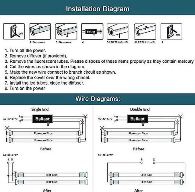 Alt view image 5 of 6 - 4FT LED T8 Ballast Bypass Type B Light Tube, 18W, Single-Ended & Dual-Ended Connection, 2340LM, G13 Base,T8 T10 T12 Fluorescent Bulbs Replacement, UL & DLC - 4000K (60Pcs)