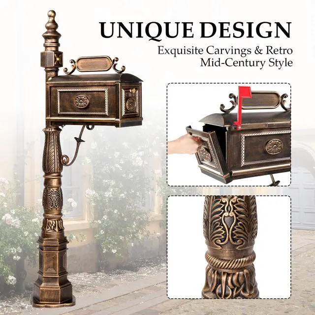 Alt view image 2 of 6 - Cast Aluminum Mailbox, Barcelona Decorative Post Mailbox, Rust-Proof Large Security Heavy Duty Mailbox (Bronze)