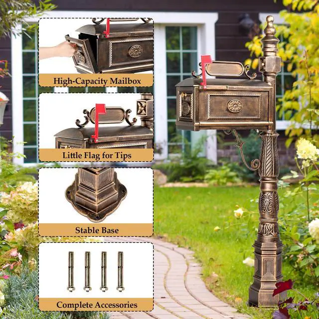 Alt view image 3 of 6 - Cast Aluminum Mailbox, Barcelona Decorative Post Mailbox, Rust-Proof Large Security Heavy Duty Mailbox (Bronze)