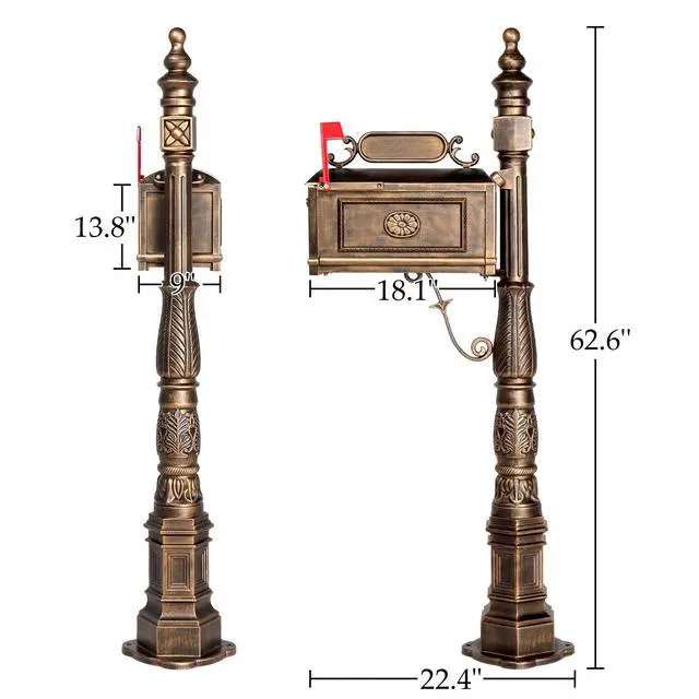 Alt view image 4 of 6 - Cast Aluminum Mailbox, Barcelona Decorative Post Mailbox, Rust-Proof Large Security Heavy Duty Mailbox (Bronze)