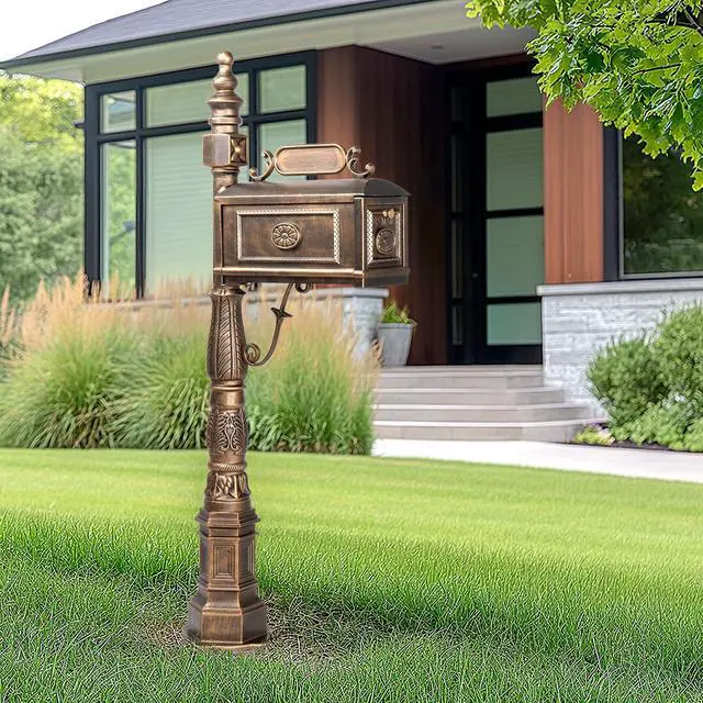 Alt view image 5 of 6 - Cast Aluminum Mailbox, Barcelona Decorative Post Mailbox, Rust-Proof Large Security Heavy Duty Mailbox (Bronze)