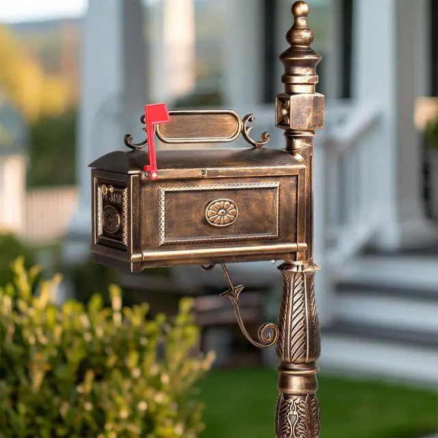 Alt view image 6 of 6 - Cast Aluminum Mailbox, Barcelona Decorative Post Mailbox, Rust-Proof Large Security Heavy Duty Mailbox (Bronze)