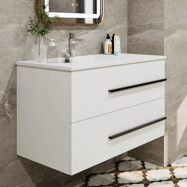 Alt view image 2 of 6 - 36" Floating Bathroom Vanity, Modern Wall Mounted Bathroom Vanity Storage Cabinet with Double Drawers & Black Handles,Bathroom Sink Cabinet for Small Space Luxury (White Without Sink, 36")