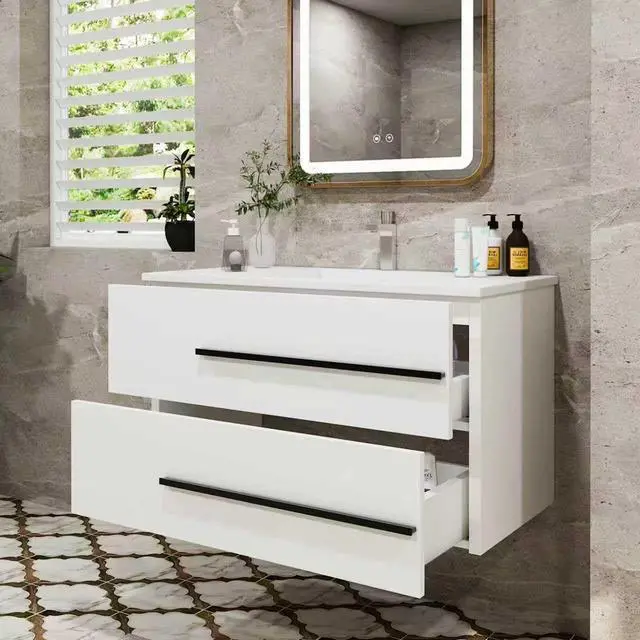 Alt view image 4 of 6 - 36" Floating Bathroom Vanity, Modern Wall Mounted Bathroom Vanity Storage Cabinet with Double Drawers & Black Handles,Bathroom Sink Cabinet for Small Space Luxury (White Without Sink, 36")
