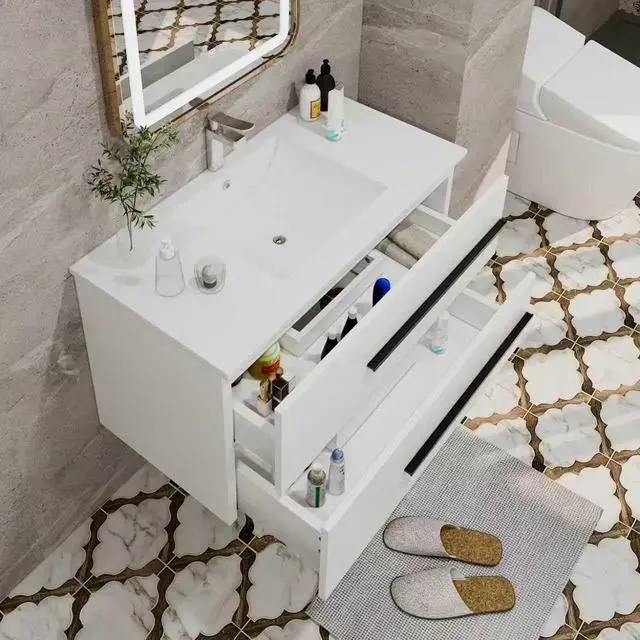 Alt view image 5 of 6 - 36" Floating Bathroom Vanity, Modern Wall Mounted Bathroom Vanity Storage Cabinet with Double Drawers & Black Handles,Bathroom Sink Cabinet for Small Space Luxury (White Without Sink, 36")