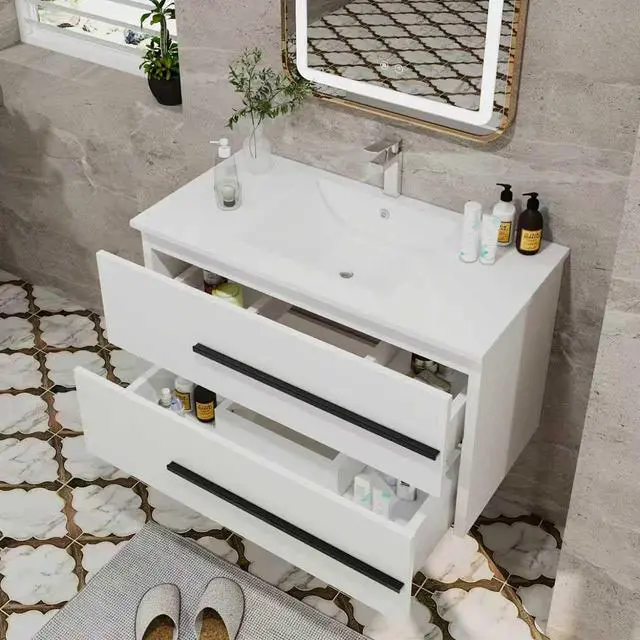 Alt view image 6 of 6 - 36" Floating Bathroom Vanity, Modern Wall Mounted Bathroom Vanity Storage Cabinet with Double Drawers & Black Handles,Bathroom Sink Cabinet for Small Space Luxury (White Without Sink, 36")