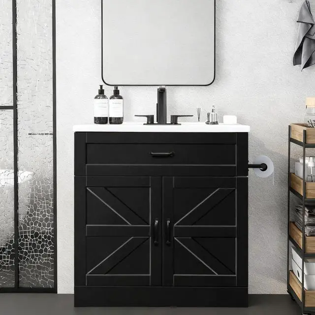 Main image of 31" Farmhouse Bathroom Vanity with Sink, Bathroom Vanity Cabinet with Drawer & 2 Barn Doors, Metal Handles (Black)