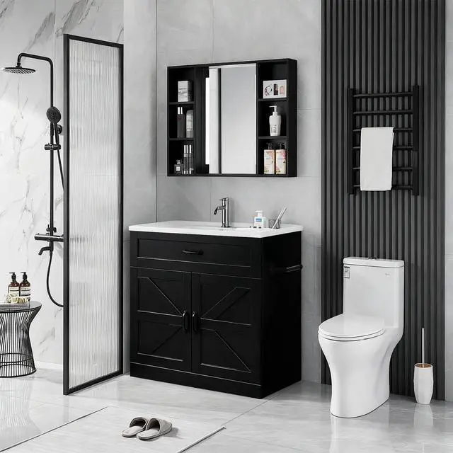 Alt view image 3 of 6 - 31" Farmhouse Bathroom Vanity with Sink, Bathroom Vanity Cabinet with Drawer & 2 Barn Doors, Metal Handles (Black)