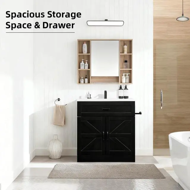 Alt view image 4 of 6 - 31" Farmhouse Bathroom Vanity with Sink, Bathroom Vanity Cabinet with Drawer & 2 Barn Doors, Metal Handles (Black)