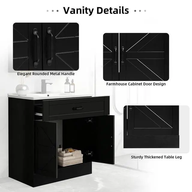 Alt view image 5 of 6 - 31" Farmhouse Bathroom Vanity with Sink, Bathroom Vanity Cabinet with Drawer & 2 Barn Doors, Metal Handles (Black)