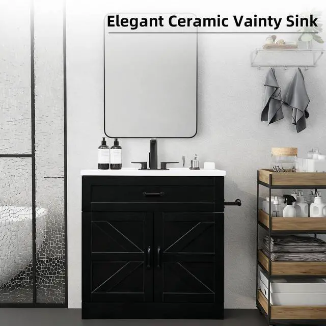 Alt view image 6 of 6 - 31" Farmhouse Bathroom Vanity with Sink, Bathroom Vanity Cabinet with Drawer & 2 Barn Doors, Metal Handles (Black)