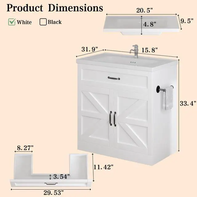 Alt view image 2 of 6 - 31" Farmhouse Bathroom Vanity with Sink, Bathroom Vanity Cabinet with Drawer & 2 Barn Doors, Metal Handles, White