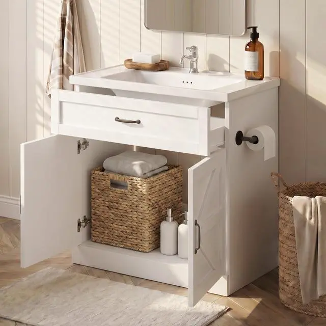 Alt view image 3 of 6 - 31" Farmhouse Bathroom Vanity with Sink, Bathroom Vanity Cabinet with Drawer & 2 Barn Doors, Metal Handles, White