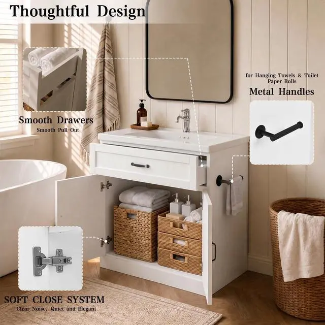 Alt view image 4 of 6 - 31" Farmhouse Bathroom Vanity with Sink, Bathroom Vanity Cabinet with Drawer & 2 Barn Doors, Metal Handles, White