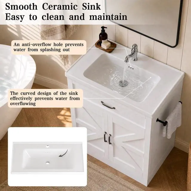 Alt view image 5 of 6 - 31" Farmhouse Bathroom Vanity with Sink, Bathroom Vanity Cabinet with Drawer & 2 Barn Doors, Metal Handles, White