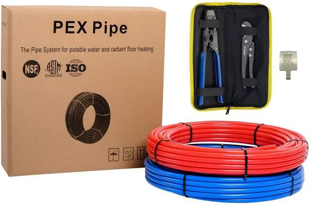 Main image of Pex-b Pipe Tubing/Tool Combo Blue & Red 1/2 inch 2x 100 ft Rolls 200 Ft Length for with Pex Cinch Clamp Crimping Tool and Pipe Cutter In Heavy-Duty Canvas Bag,(E99KIT)