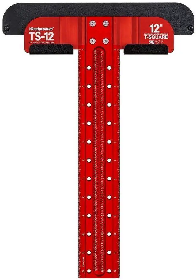 Main image of T Square, 12 Inch, Precision Woodworking T-Square Ruler, Built-in Edge Support, Scribing & Shelf Pin Guides, Rack-It Mount, Made in USA