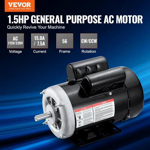 Alt view image 2 of 6 - 1.5HP Electric Motor 3450 RPM, AC 115V/230V, 56 Frame, Air Compressor Motor Single Phase, 5/8" Keyed Shaft, CW/CCW Rotation for Agricultural Machinery and General Equipment