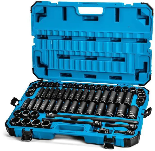 Main image of 1/2-Inch Drive Deep Impact Socket Set with Adapters and Extensions, Chrome Molybdenum, Master Set Metric and SAE, Manganese Phosphate, 63-Piece